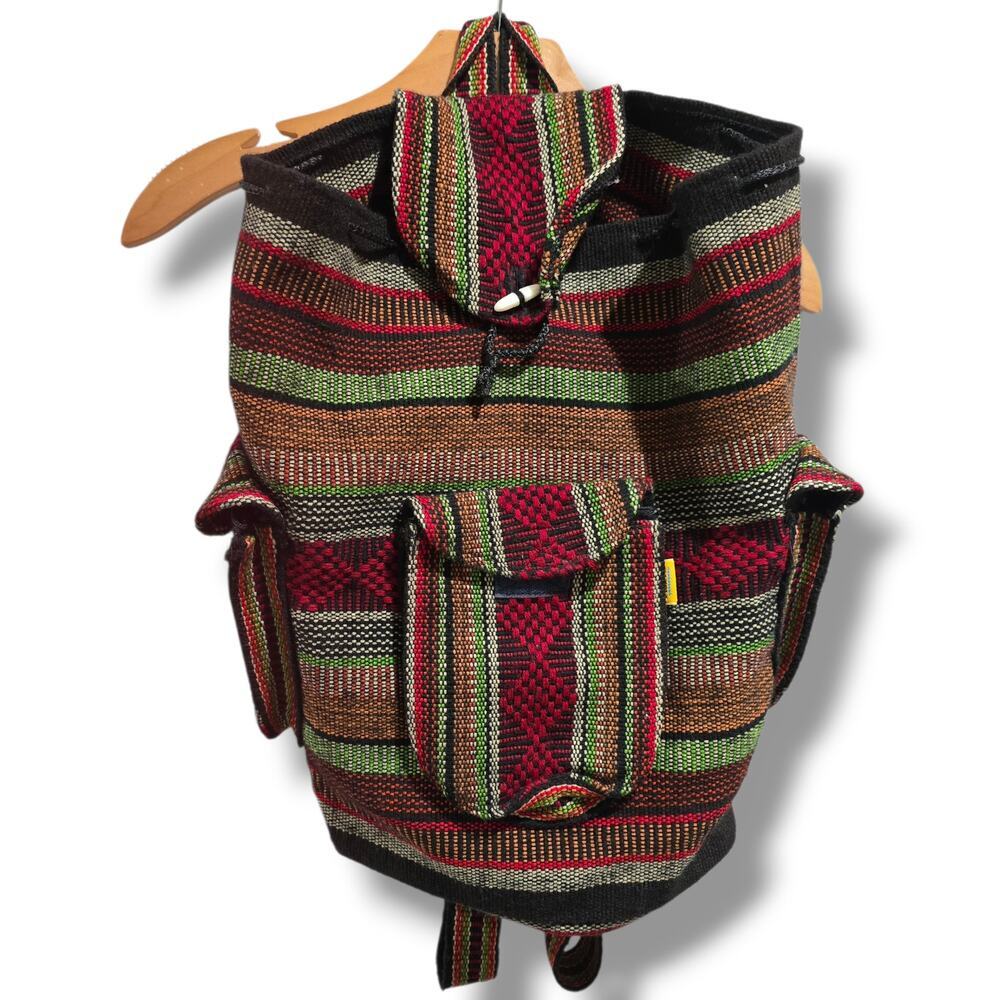 Pizon Woven Stripe Backpack Drawstring Ethnic Boho Festival Bag 16x15